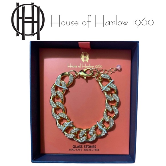 House of Harlow 1960 Jewelry - NEW House of Harlow 1960 Pave Glass Stones Crystal & Gold Link Chain Bracelet